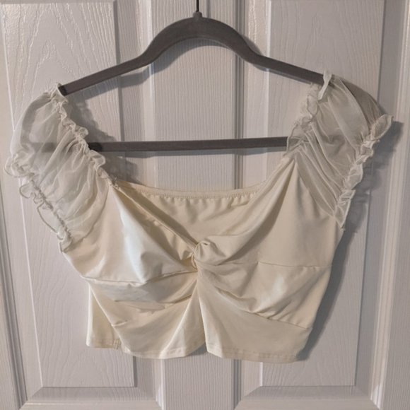 New Baby Yellow Twist Front Puff Sleeve Cropped Tee - Picture 4 of 6